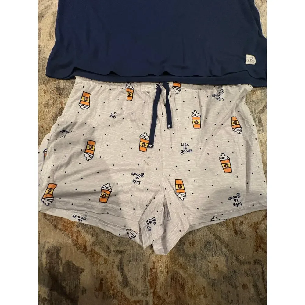 Life is Good Women’s Pajama Set Coffee Graphic Tee + Matching Shorts Size L - Picture 5 of 8